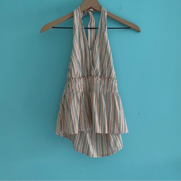 American Eagle Striped Smocked Halter Linen Top S - Picture 3 of 10